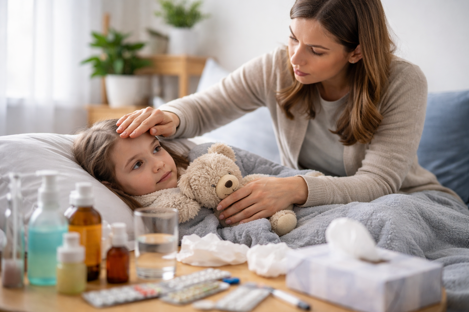 KidCare Tracker app showing a child illness timeline with symptoms, temperature and medications
